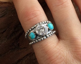 Turquoise Ring with CZ  Sterling silver  Western Wedding Ring - Unisex - Turquoise Engagement ring - Turquoise jewelry