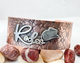 Personalized Cuff Bracelet Cooper and Sterling Silver Floral Cuff, Cuff bracelet for Cowgirl, Floral cuff, Name or word bracelet cuff