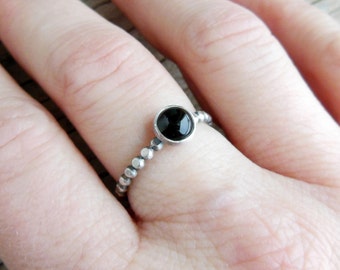 Black Onyx Ring, Sterling Silver Dotted Band, Stacking Ring, Womens Jewelry, Black Stone