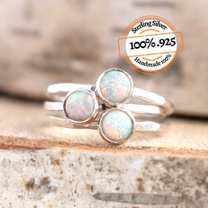 Dainty Opal Ring Sterling Silver Stackable Ring Mothers Ring October Birthstone Ring Lab Opal Gift for Grandma Simple White Ring Midi Ring