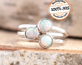 Dainty Opal Ring Sterling Silver Stackable Ring Mothers Ring October Birthstone Ring Lab Opal Gift for Grandma Simple White Ring Midi Ring