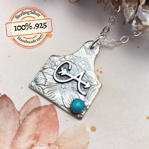 Collar con etiqueta de ganado personalizado, collar de marca, joyería de vaquera, regalo, 4 horas, niñas, campos florales, collar con etiqueta de vaca, collar con inicial, mamá rodeo