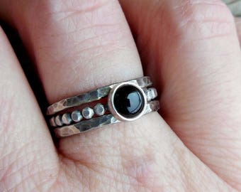 Stackable Black Onyx Ring Set Sterling Silver Stackable Black Onyx Rings - Stackable Ring Set for Women