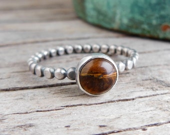 Tiger Eye Stacking Ring, Sterling Silver, beaded Band Stacking Ring for Womens, Gift for women-