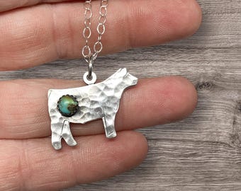 Personalized Sterling Silver Farm Animal Pendant: Turquoise Accent, Custom Engraving and Animal