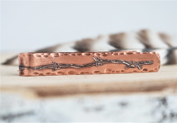 Personalized Copper Tie Bar: Engraved Barbed Wire, Western Jewelry