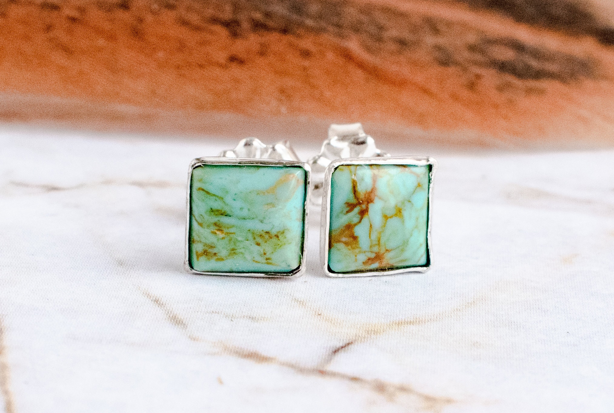 Square Turquoise Stud Earrings Sterling Silver Stud Earrings Etsy