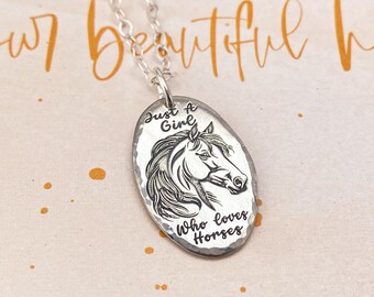 Just a girl who loves horses necklace, Sterling silver necklace for horse lovers, Silver engraved necklace, horse girl necklace, niece gift