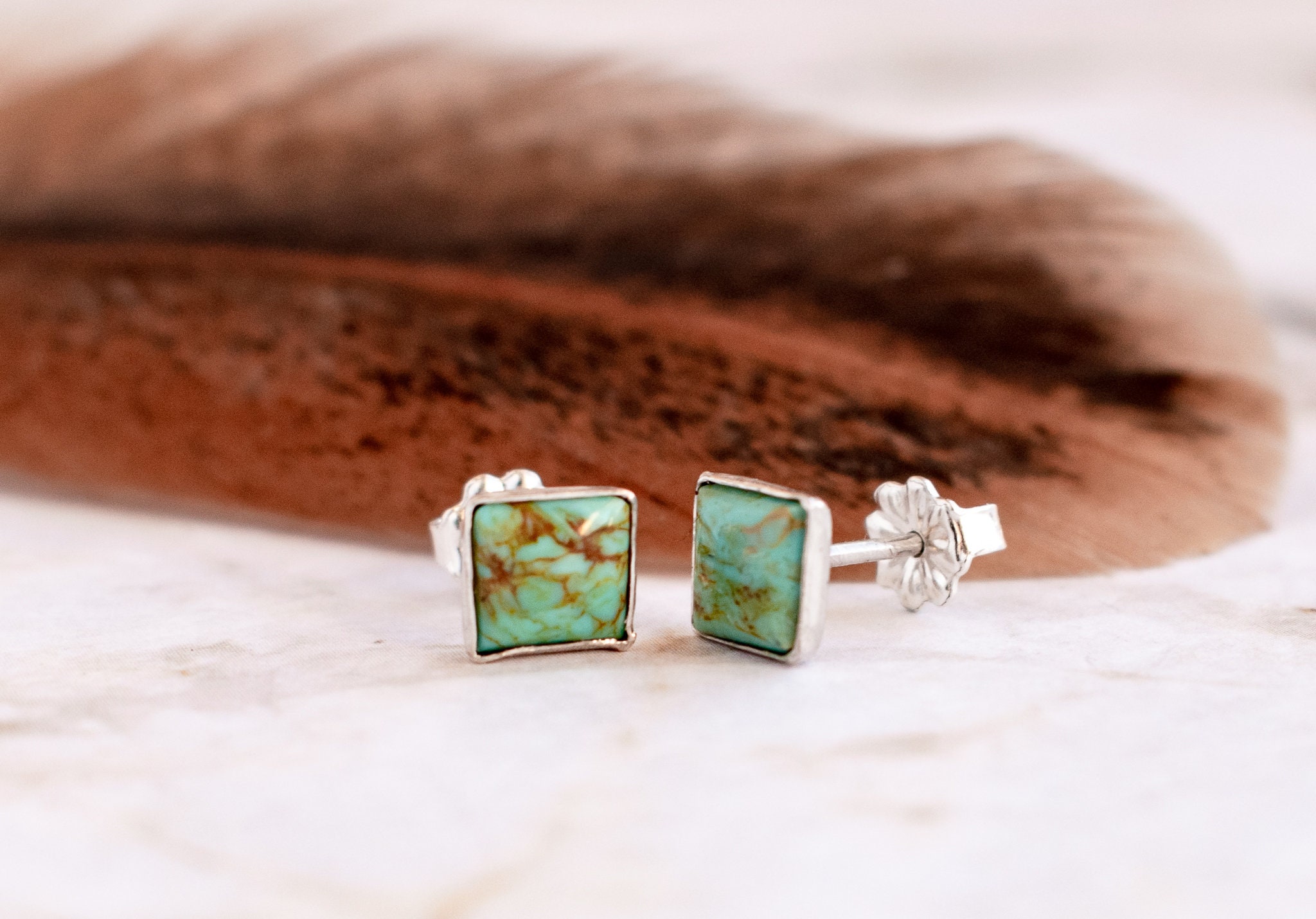 Square Turquoise Stud Earrings Sterling Silver Stud Earrings Etsy