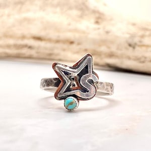 Cattle Brand Ring with Turquoise Stone, Custom Initial Design in Copper and Silver