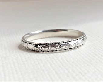 Sterling Silver Ring Diamond Floral Stacking Ring Custom  Silver Wedding Band Sterling