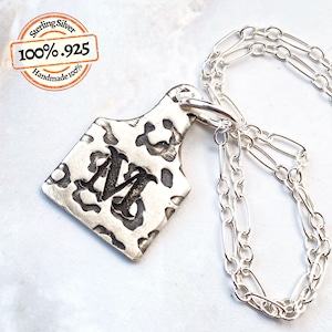 Personalized Sterling Silver Cow Tag Necklace: Leopard Initial Charm