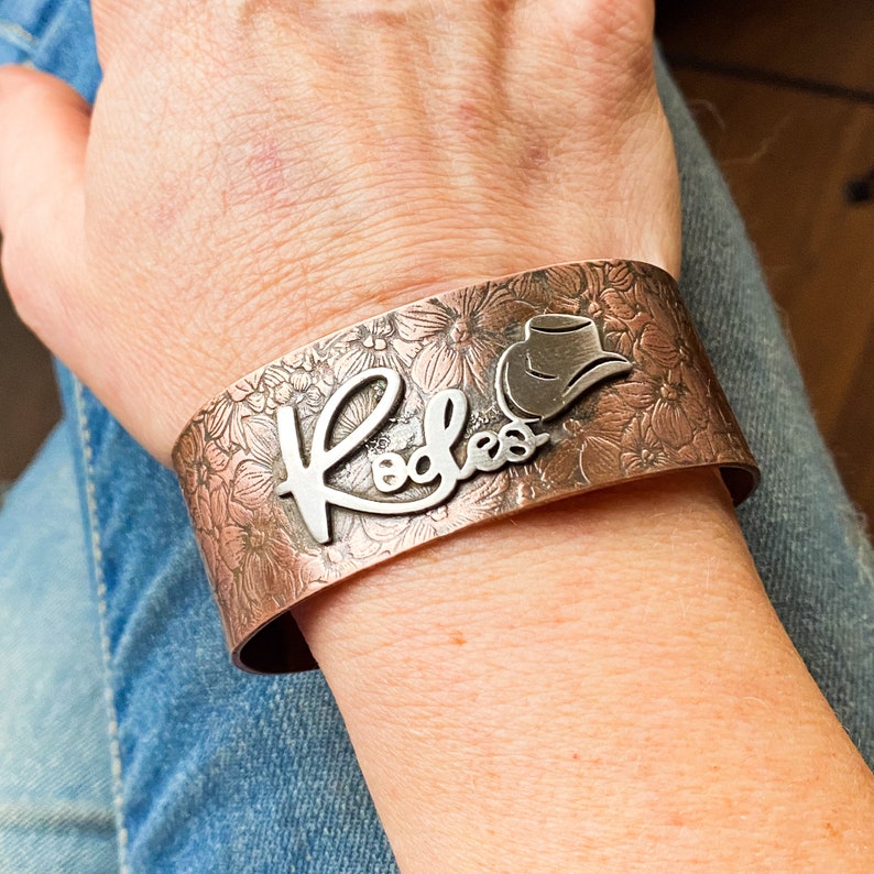 Rodeo Cuff Bracelet Cooper and Sterling Silver Floral Cuff, Cuff bracelet for Cowgirl, Rodeo Jewelry, Horse girl gifts, Copper bracelet cuff image 6