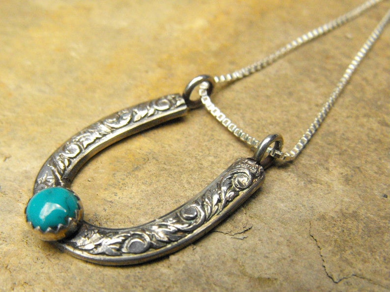 Rustic Sterling Silver Horseshoe Pendant Turquoise Necklace for Women Western Jewelry Turquoise Jewelry image 4