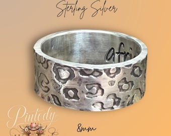 8mm Sterling Silver Cheetah Print Ring, Engraved Message Ring