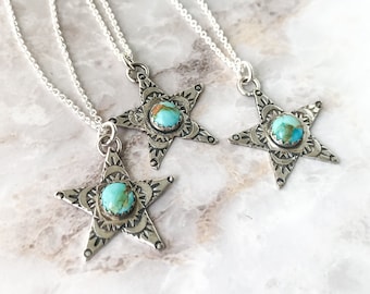 Turquoise Star Necklace, Sterling Star Birthday Necklace, Patriotic Star, Celestial Jewelry, Cowgirl Necklace