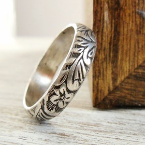 Floral Pattern Ring, Sterling Silver, Wedding Band, Embossed Stacking Ring, Womens Jewelry, Unisex Design image 1