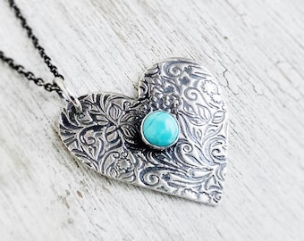 Turquoise Heart Necklace, Turquiose Jewelry, Valentines Day Gift, Silver Heart Jewelry, Turquoise Necklace for Women