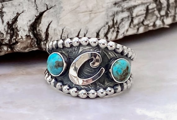 Turquoise Initial Ring - Sterling silver - Western Ring - Unisex - Turquoise Brand Ring - Turquoise jewelry