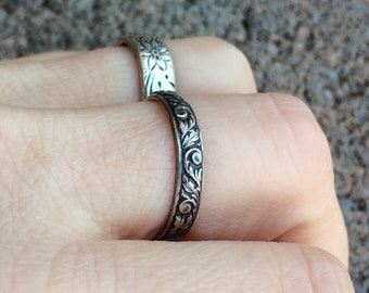 Filigree Personalized Engrave able Ring, Sterling Silver, Gift for Mom, Secret Message Ring, Textured Leaf Ring, Custom Engraved Ring Stack
