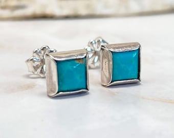 Square Turquoise Stud Earrings - Sterling Silver Stud Earrings - Kingman Turquoise - Gemstone Post Earrings