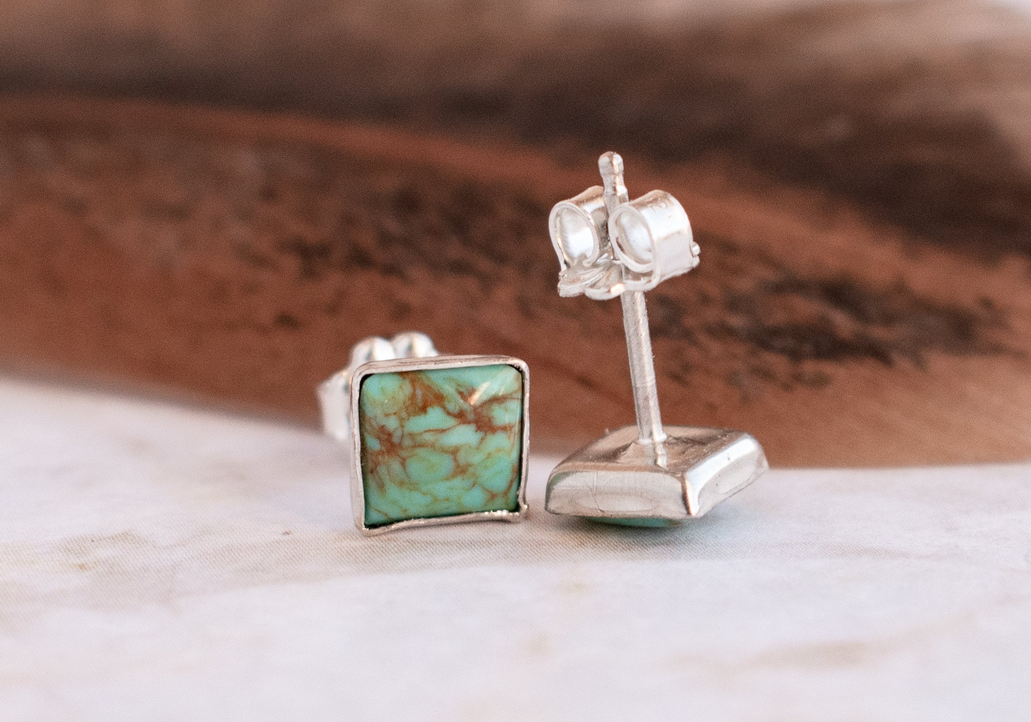 Square Turquoise Stud Earrings Sterling Silver Stud Earrings Etsy