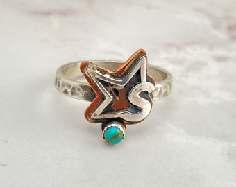 Cattle Brand Ring - Turquoise Initial Ring - Sterling silver and copper - Western Ring -  Brand Ring - Turquoise jewelry - Cowgirl jewelry