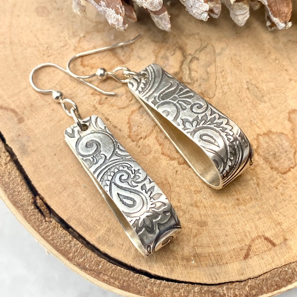 Sterling Silver Hoop Earrings-Paisley Textured Dangle Hoops- Silver Earrings for Women - 2 inch hoops