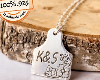 Floral Cow Tag Necklace, Initial Pendant, Name Engraved Gift For Cowgirl, Necklace Flower Western Engraved Initial Custom Cattle Tag Pendant