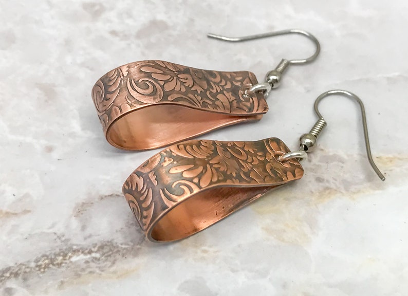 Copper Hoop Earrings Copper Dangle Earrings Tooled Leather Etsy