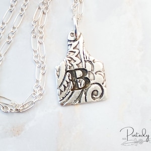 Personalized Tiny Cow Tag For Women Paisley Textured Cattle Tag Necklace Sterling Silver Initial Necklace Cowgirl Jewelry