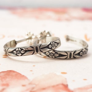 Hoop Earrings in sterling silver with floral pattern, Earrings for women, Flower Jewelry, Small Hoops delicate earrings