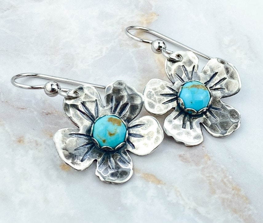 Turquoise Flower Earrings, Sterling Silver Kingman Turquoise Earrings, Dangle Earrings for Women, Floral Earrings,