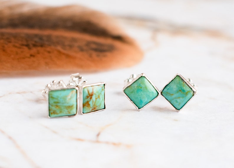 Square Turquoise Stud Earrings Sterling Silver Stud Earrings Etsy