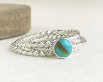 Bague turquoise en argent sterling à empiler - Bague délicate avec pierres précieuses - Bijoux turquoise pour femme - Anneau de corde