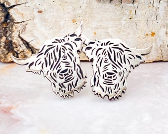 Dainty Highland Cow Stud Earrings in Sterling Silver, Silver cows, Bull Earrings, Cow Earrings, Scottish cow studs, Cow Lovers