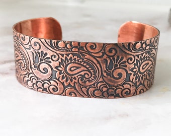 Cuff Bracelet Cooper Paisley textured Cuff, Cuff bracelet for Cowgirl, Gift for sister Every day cuff, Copper jewelry Floral Design