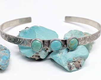 Turquoise Cuff Bracelet, Kingman turquoise Jewelry, Western Bangle for women, Floral Cuff Design