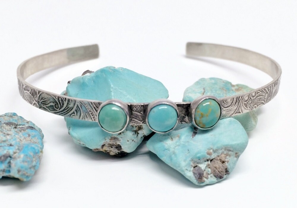 Bracelet Manchette En Argent Plaqué Avec Turquoise Naturelle - Ajustable, Fait Main, Style égyptien