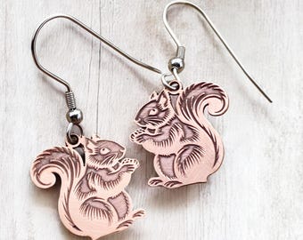 Copper Squirrel Dangle Earrings: Surgical Steel Hooks, Forest Animal Jewelry