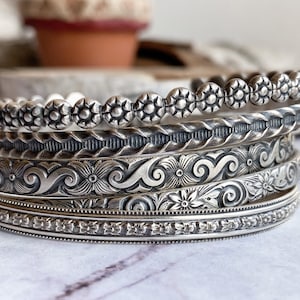 Boho Cuff Bracelets, Embossed floral and pattern cuffs, Cowgirl Chic Cuffs, Silver Stacking Bracelets for women