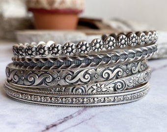 Boho Cuff Bracelets, Embossed floral and pattern cuffs, Cowgirl Chic Cuffs, Silver Stacking Bracelets for women