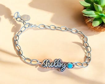 Personalized Chain Bracelet: Turquoise Cooper and Sterling Silver Custom Brand or Name Bracelet