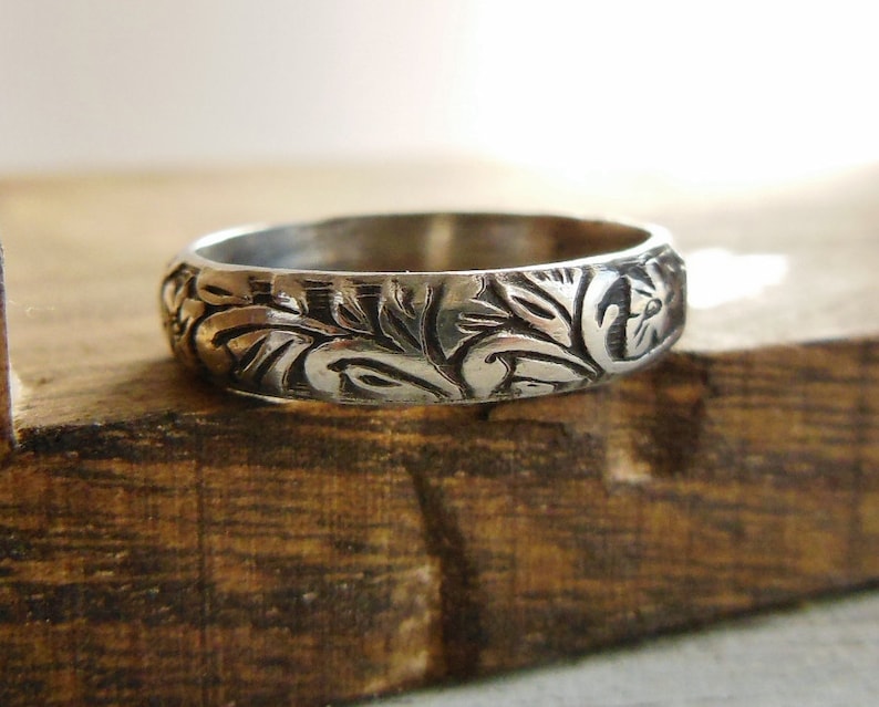Floral Pattern Ring, Sterling Silver, Wedding Band, Embossed Stacking Ring, Womens Jewelry, Unisex Design image 3
