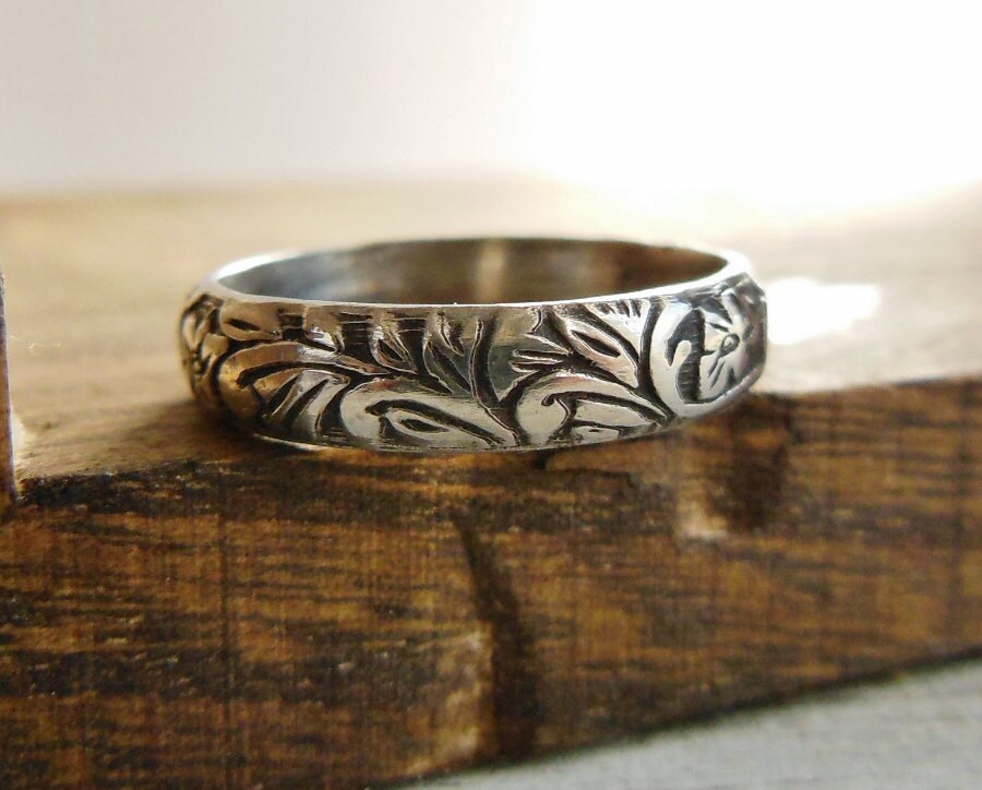 Big Patterned Rings Floral Pattern Ring, Sterling Silver, Wedding Band, Embossed Stacking ...