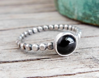 Black Onyx Ring, Sterling Silver Dotted Band, Stacking Ring, Womens Jewelry, Black Stone