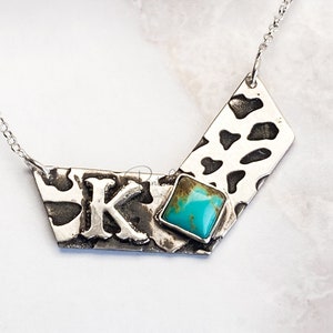 Personalized Bar Necklace - Silver Turquoise Jewelry - Ranch Brand Necklace for women -Cow print texture