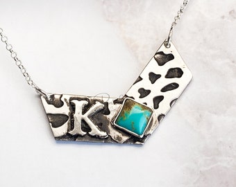 Personalized Bar Necklace - Silver Turquoise Jewelry - Ranch Brand Necklace for women -Cow print texture