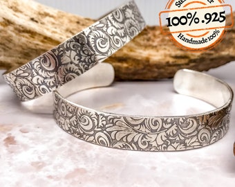 Cuff Bracelet Sterling silver, Tooled Leather Cuff, Cuff bracelet for Cowgirl, Gift for sister Every day cuff, Silver Tooled Leather look