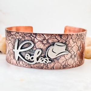 Rodeo Cuff Bracelet Cooper and Sterling Silver Floral Cuff, Cuff bracelet for Cowgirl, Rodeo Jewelry, Horse girl gifts, Copper bracelet cuff image 1